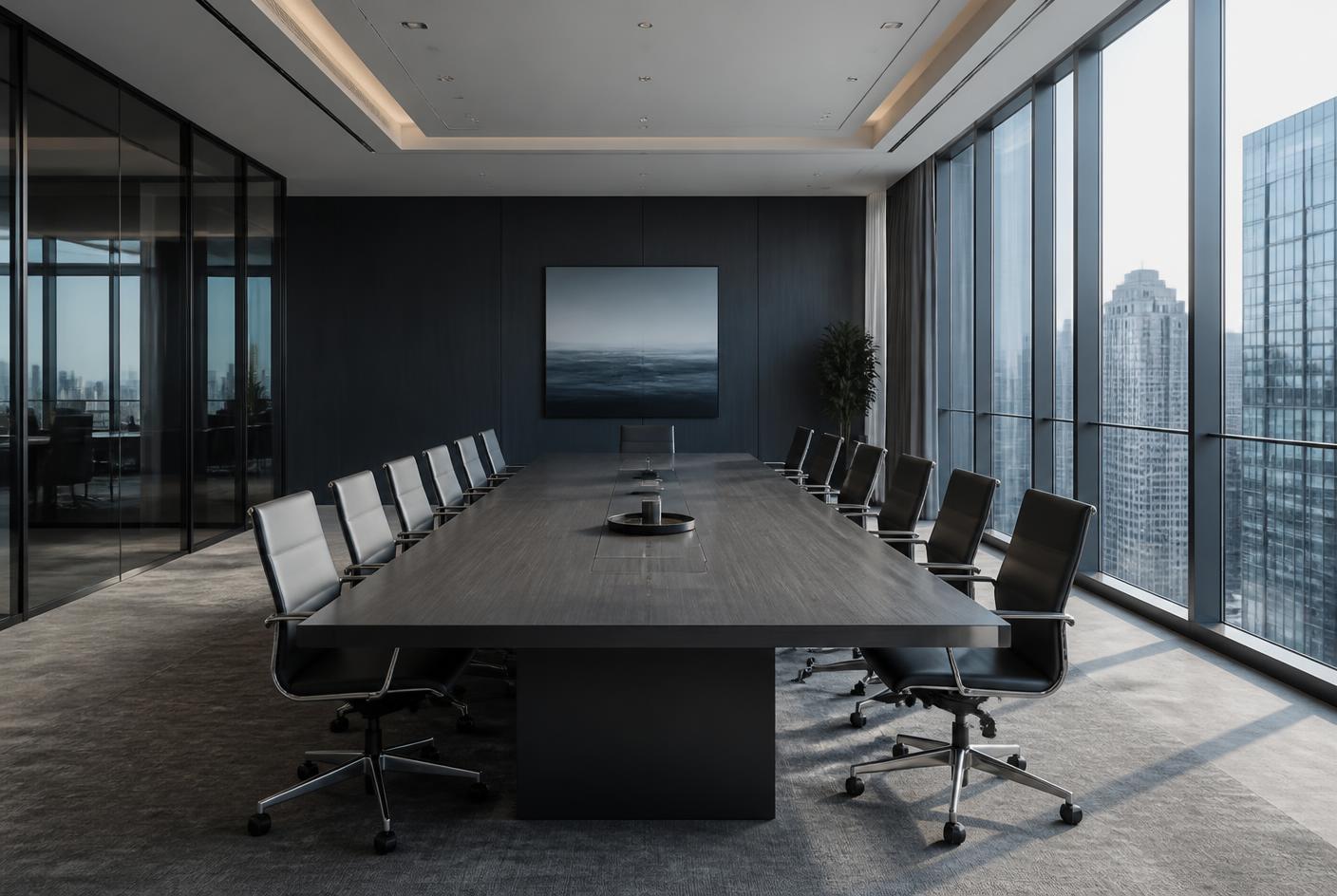 Modern corporate boardroom with city view