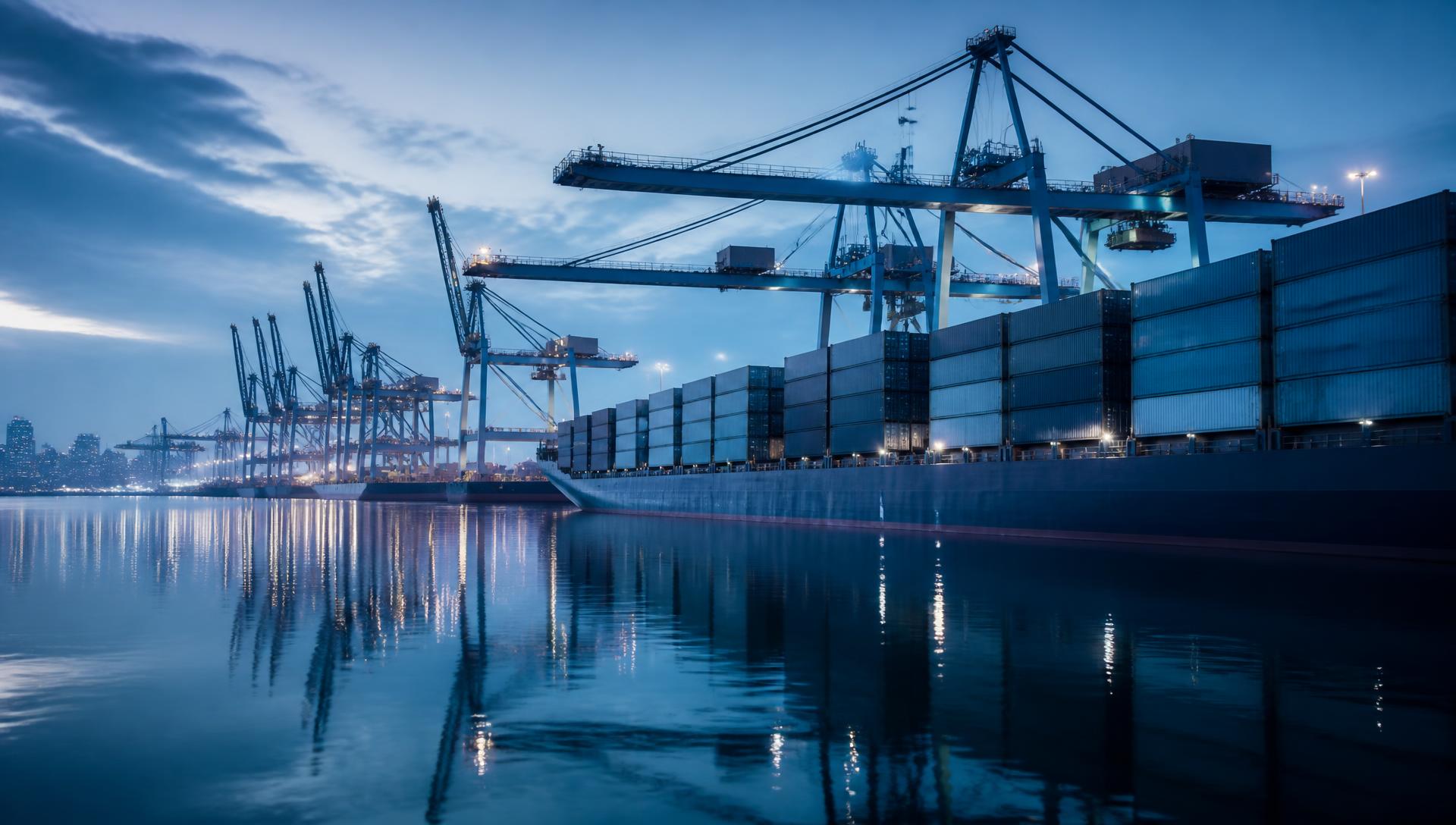 International container port at dusk with gantry cranes loading a cargo vessel